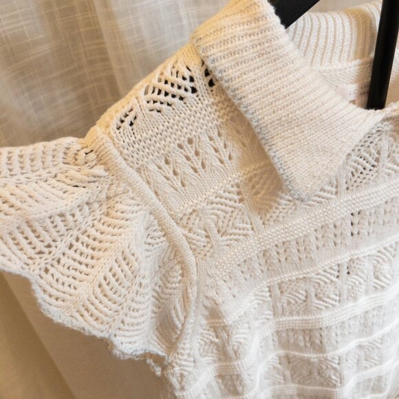 Lauren Conrad Cream Knit Polo Shirt / Sweater Top w/ Ruffled Sleeves Size Large - Picture 6 of 10